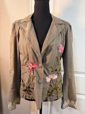 3J Workshop The Rachel Jacket Plaid Floral Embroidered Blazer Size M